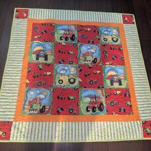 Cute Baby Blanket Quilt 48" x 48" Boys Farm Tractors Theme